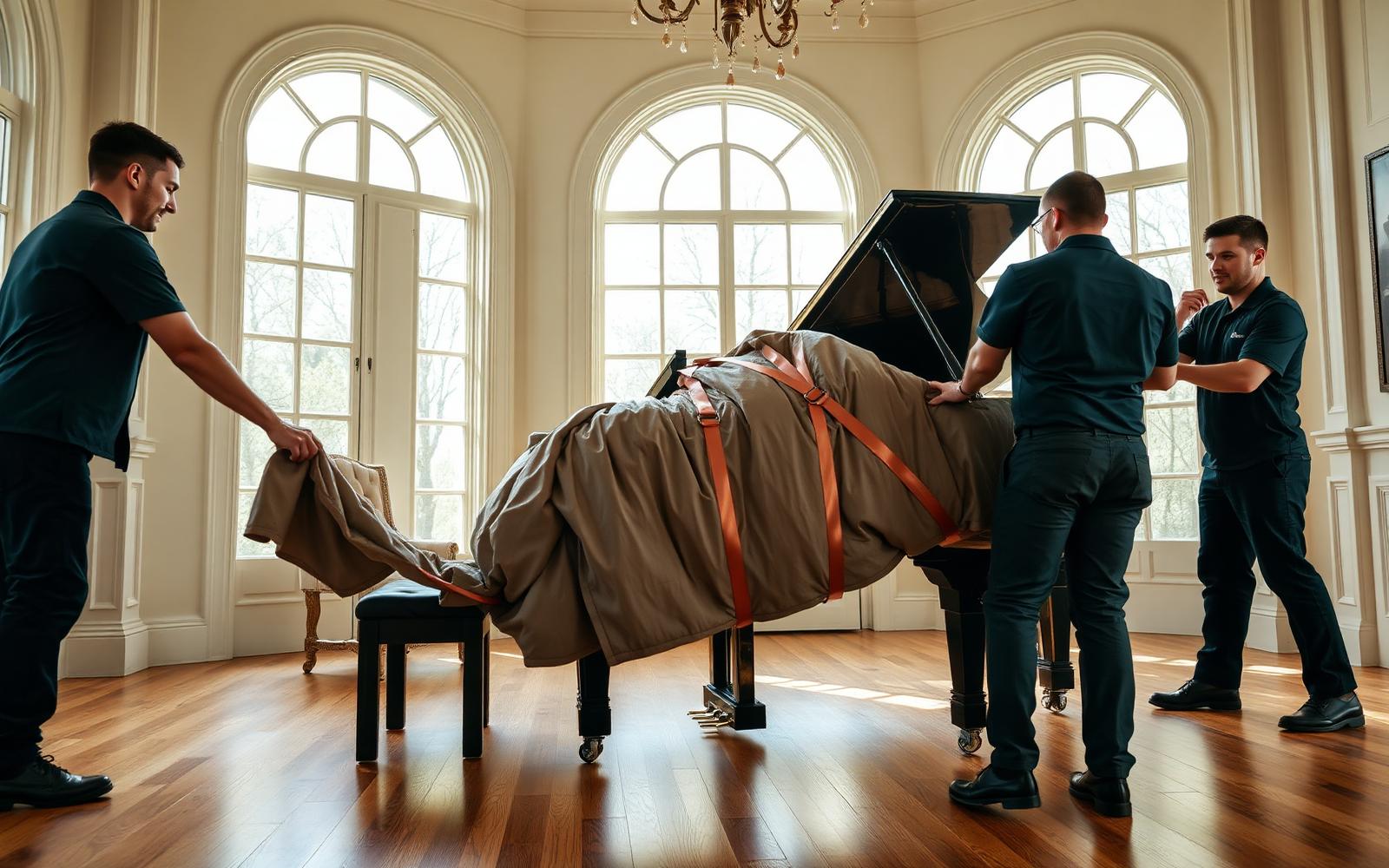 Movers strapping and blanket-wrapping a grand piano in an elegant Woodlands home